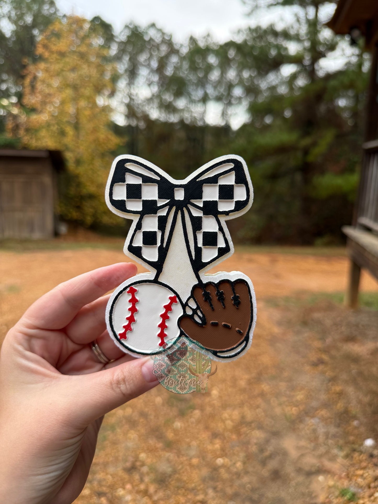 Baseball & Glove Checkered Bow