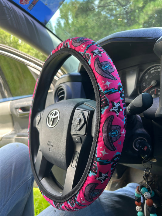 Pink cowgirl steering wheel cover