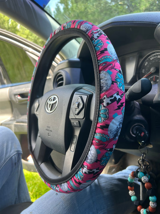 Pink western steering wheel cover